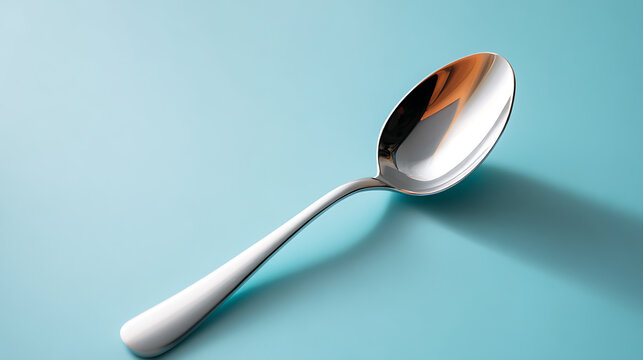 Shiny Silver Tablespoon on a Vibrant Blue Background with Strong Shadows, Perfect for Culinary, Recipe, and Kitchen-Themed Designs