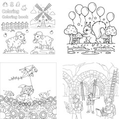 Obraz premium Cute farm animal coloring book pages with sheep, squirrel, balloons, and windmill