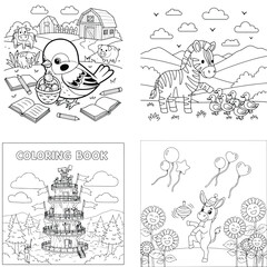 Fototapeta premium Cute cartoon animals and whimsical fantasy scenes for children's coloring book outline collection