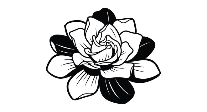 A minimalist black and white illustration depicts a single gardenia flower in full bloom