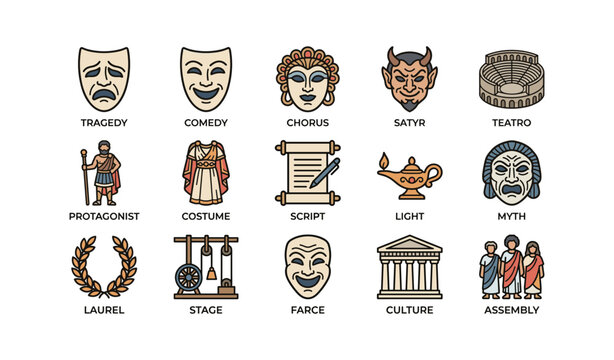 Ancient theater symbols: masks, costumes, and mythology icons