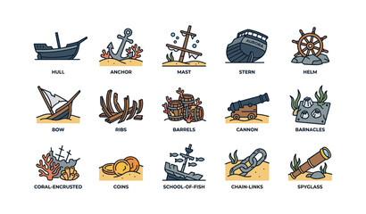 Naklejka premium Nautical icons: ship parts, sea life, and ocean treasures collection