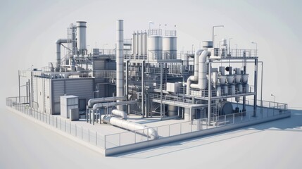 Obraz premium A detailed 3D rendering of an industrial plant with various equipment, pipes, and structures, set against a neutral background.