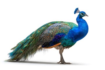 Fototapeta premium A vibrant blue peacock stands proudly on a white background displaying its colorful plumage
