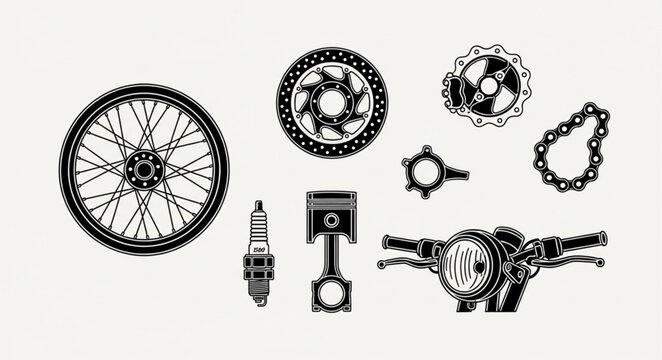 Detailed Motorcycle Parts Illustration - Wheel, Gears, Piston, and Handlebars.