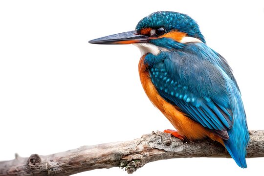 A colorful kingfisher bird perched on a branch with a white background
