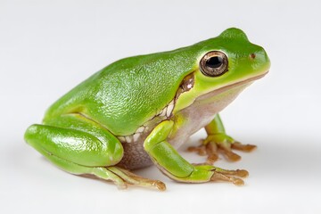 Obraz premium A bright green frog rests on a plain white background in a studio setting