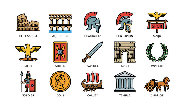 Ancient roman icons: colosseum, gladiator helmet, spqr emblem, temple, chariot