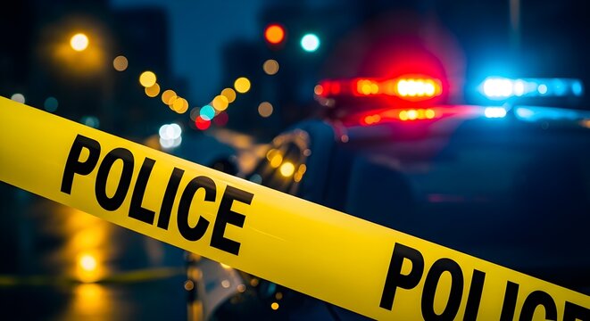 Close-up of yellow police tape with blurred police car lights and city lights in the background at night.