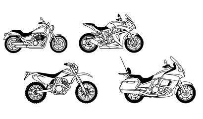 Naklejka premium Motorcycle Collection Vector Illustration – Different Motorcycle Models Isolated on White
