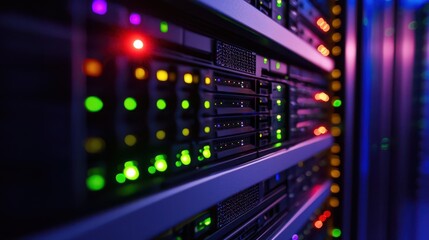 Naklejka premium A close-up view of a server room filled with server racks, each illuminated with colorful LED lights, creating a vibrant and tech-savvy atmosphere.