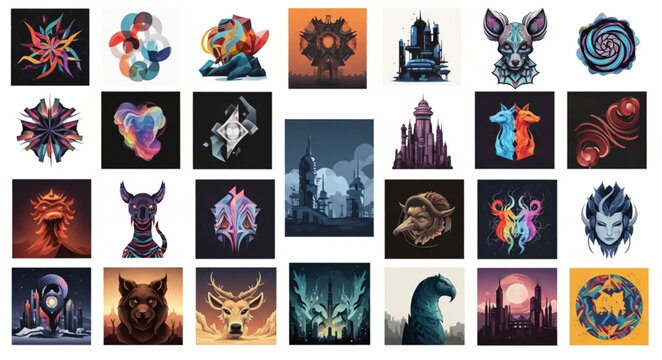 Diverse abstract art collection showcasing intricate designs and vibrant color palettes.