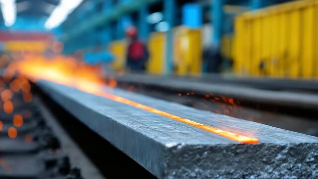 Molten steel on conveyor in industrial factory sparks dynamic energy and movement