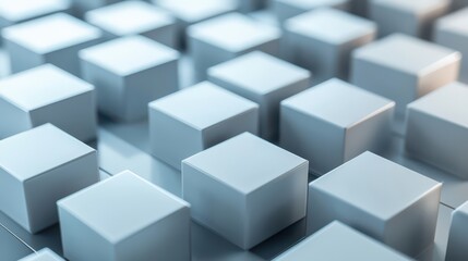 Fototapeta premium A 3D rendered grid of light blue cubes arranged in a symmetrical pattern, creating a visually striking and geometrically balanced composition.