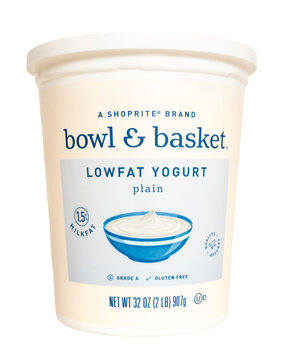 Millburn, New Jersey, USA - March 16, 2026: A 32 ounce container of bowl & basket lowfat plain yogurt.