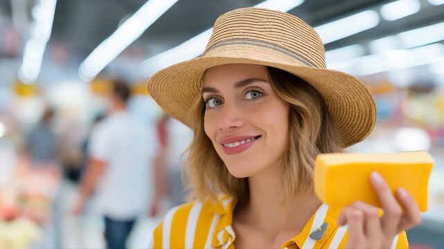 Joyful woman in hat selects fresh cheese at bustling supermarket