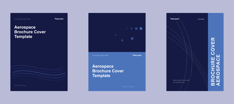 Aerospace brochure cover templates in deep navy blue with subtle curved lines and dot patterns for advanced technical and engineering reports.