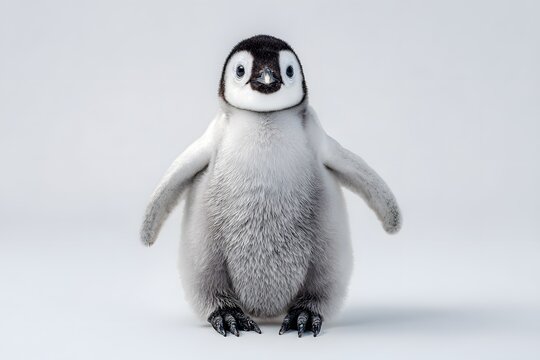 A fluffy penguin chick stands with its wings out against a white background