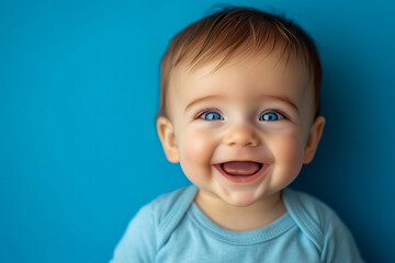 Fototapeta premium little boy on a blue background. boy smiling