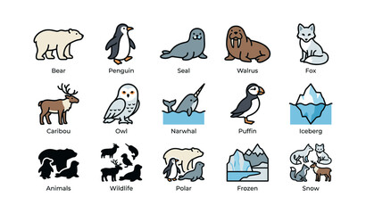 Fototapeta premium Collection of arctic animals including bear, penguin, seal, walrus, fox, caribou, owl, narwhal, and puffin