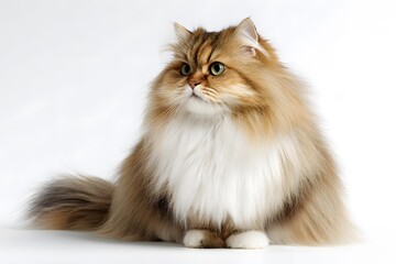 Fototapeta premium A fluffy golden Persian cat sits looking to the side with bright green eyes against a white background