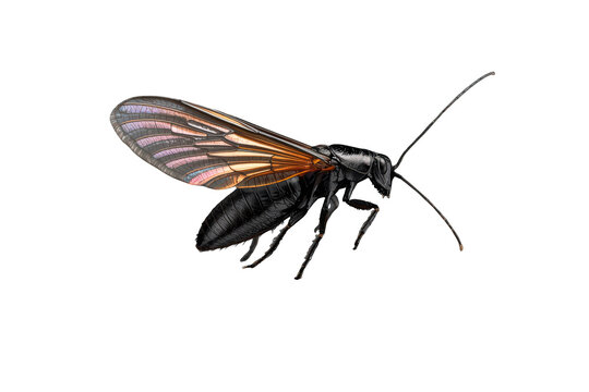 Pepsis wasp, also known as tarantula hawk, showcasing its unique black body and iridescent orange wings, on a transparent background