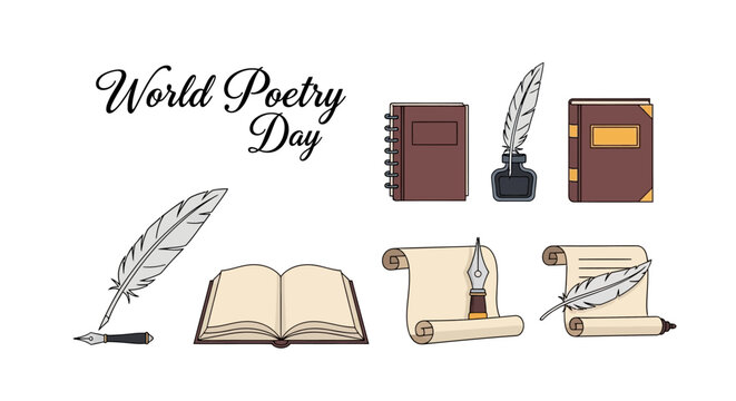 Vector illustrations of poetry writing concept with feather quills, books, and scrolls on white background for World Poetry Day design and celebration.
