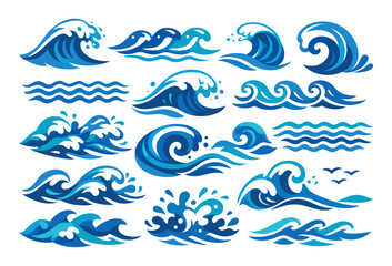 Ocean waves collection showcasing different shapes, splashes, and flowing water elements, ideal for illustrating marine and aquatic themes
