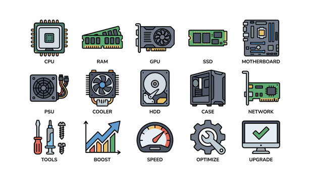 Computer hardware components icons: cpu, ram, gpu, ssd, hdd, psu, motherboard, network, cooling