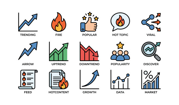 Trending icons: growth, popularity, data, discovery, and viral topics