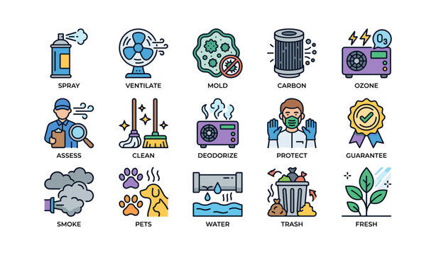 Air quality maintenance: ventilation, mold removal, deodorizing, protection, and freshness icons