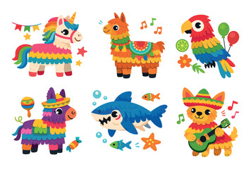 Fototapeta premium Cartoon characters featuring colorful piñata designs, a unicorn, llama, dog, donkey, parrot, and shark for children's parties