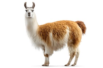 Fototapeta premium A llama stands facing forward on a white background
