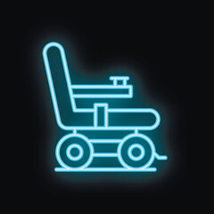 Obraz premium Blue neon sign representing an electric wheelchair for disabled people with special needs, on a black background