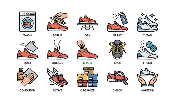 Shoe care icons: washing, scrubbing, drying, unlacing, organizing, maintenance tips
