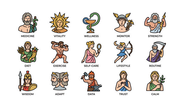 Ancient symbols representing vitality wellness strength exercise wisdom and calm