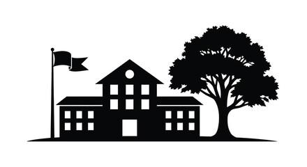 A simple black silhouette depicts a school building with a flag and a large tree © ArtBySalea07