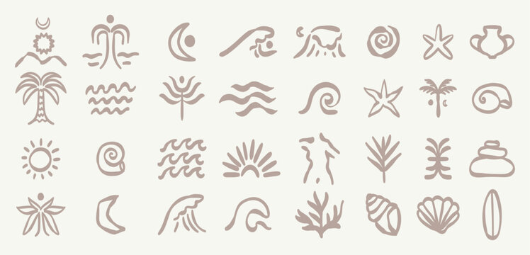 Boho summer set. Naive spiritual geometric palm tree, sun, sea, waves and corals emblem. Tropical abstract surf prints, summer beach label, naive vignetting silhouette. Hand drawn vector illustration.