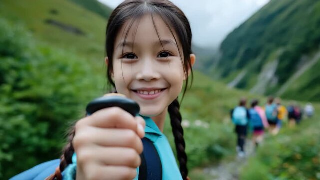 Young hiker leads group on scenic mountain adventure trail with enthusiastic spirit