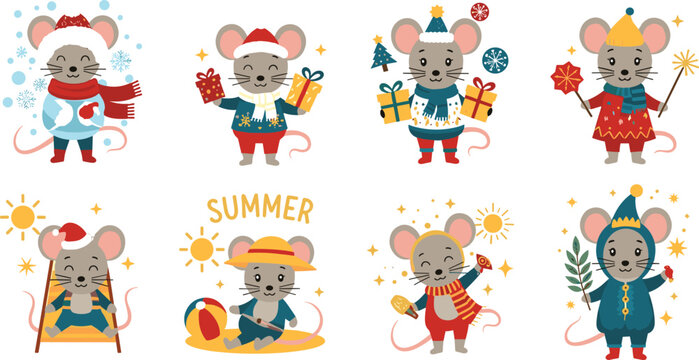 Cute Seasonal Mouse Character Set Illustrations for Winter, Summer, and Holiday Activities Vector