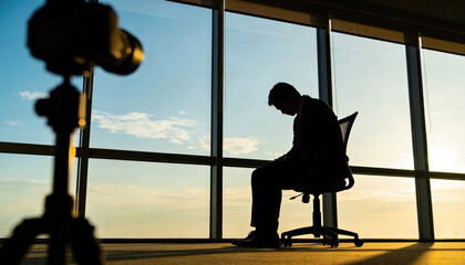 Fototapeta premium Burnout silhouette businessman sitting in office chair by window at sunset conveying burnout and exhaustion
