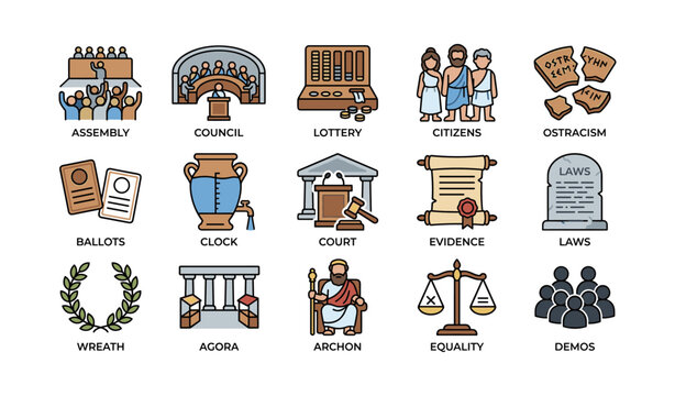 Ancient greek democracy icons: assembly, council, citizens, court, laws, equality