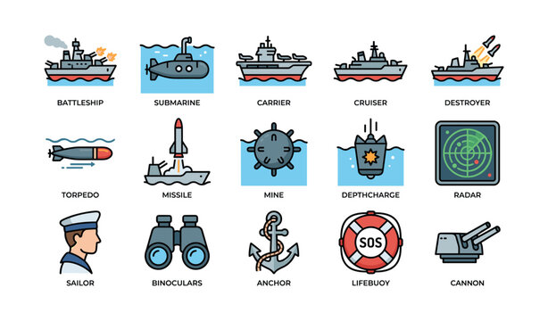 Naval warfare icons featuring battleship submarine aircraft carrier and more