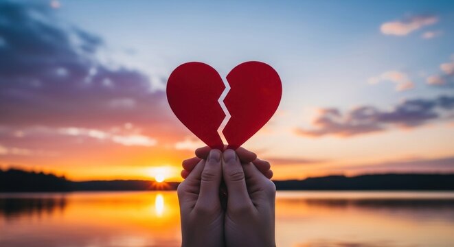 A person holding a broken red heart against a serene sunset backdrop.
