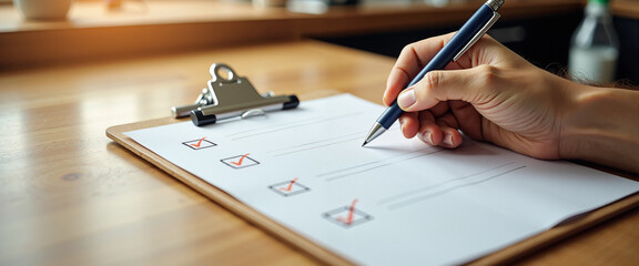 Fototapeta premium Hand holding pen checking items on storm preparedness checklist 
