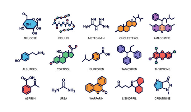 Illustrated chemical structures of common medications and compounds