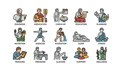 Obraz premium Icons illustrating health concepts including exercise, nutrition, sleep, and wellness