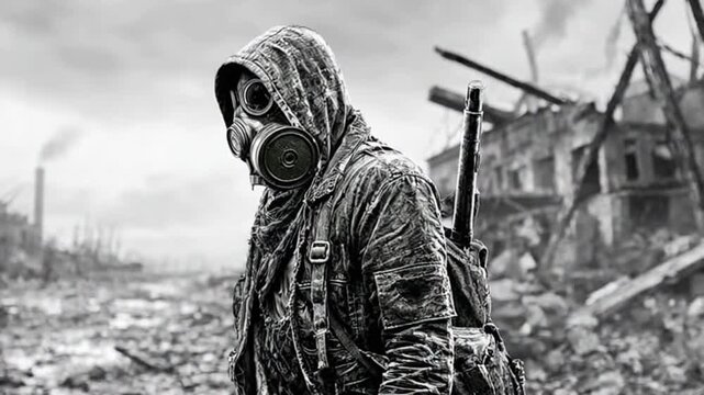 A person wearing a gas mask and hooded jacket stands amidst a desolate, post-apocalyptic landscape with ruins and debris