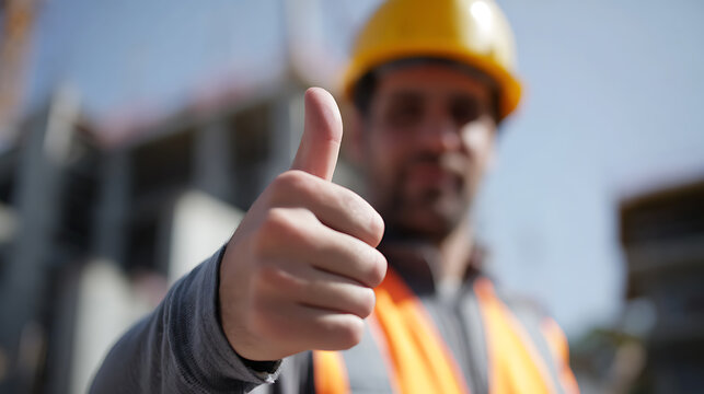 Confident construction worker in hard hat and safety vest show thumbs up gesture on site, positive foreman or engineer approval
