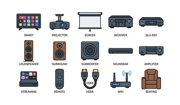 Home theater equipment icons including projector, screen, speakers, remote, and wifi router